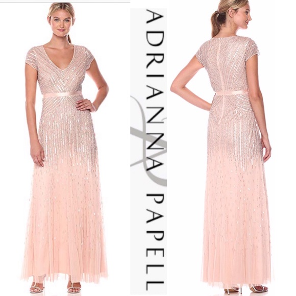 Adrianna Papell beaded V-neck cap sleeves long gown - Picture 4 of 13